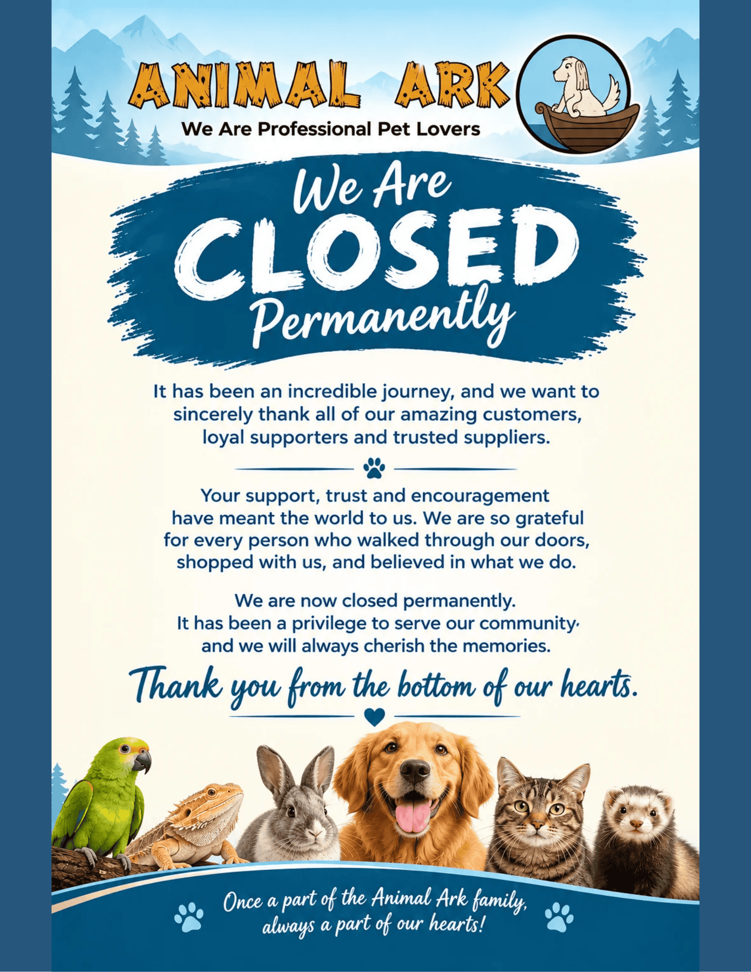 Poster announcing Animal Ark is permanently closed, with thank you messages, and cartoon pets at the bottom.